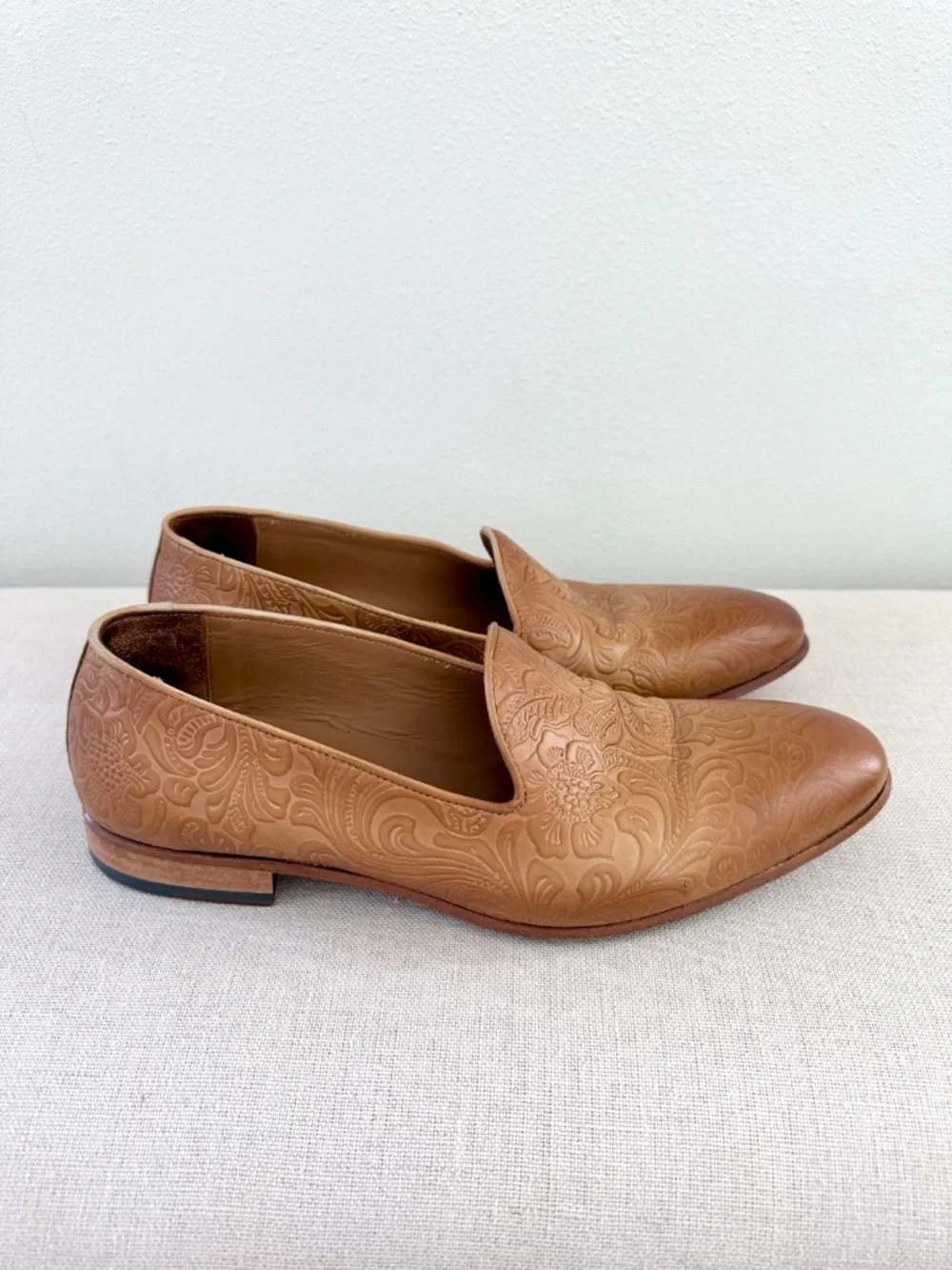 TAFT Mens Embossed Floral Leather Loafers Cognac Tan Handmade Spain EU 40.5